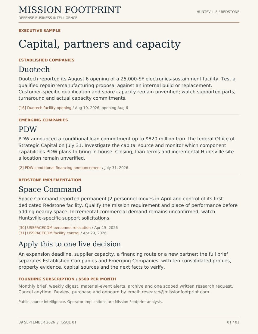 Preview of the one-page Mission Footprint sample, covering Duotech, PDW and Space Command